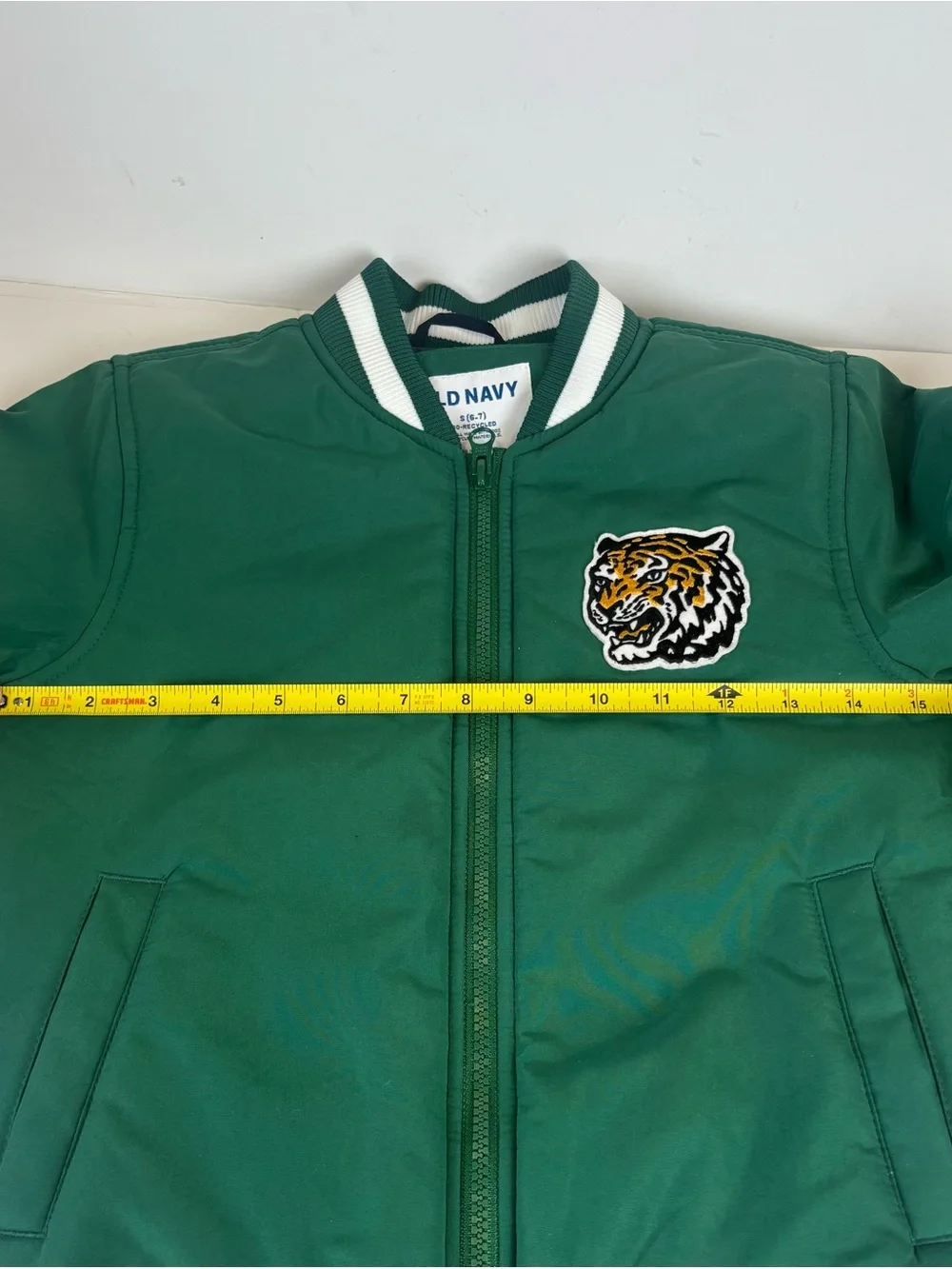 Old Navy Green Varsity Bomber Jacket with Tiger Patch. Small (6-7)